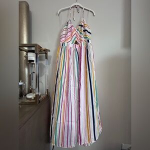 Eloquii Elements 18 Tie Neck smocked back Multicolor Striped Midi Dress halter